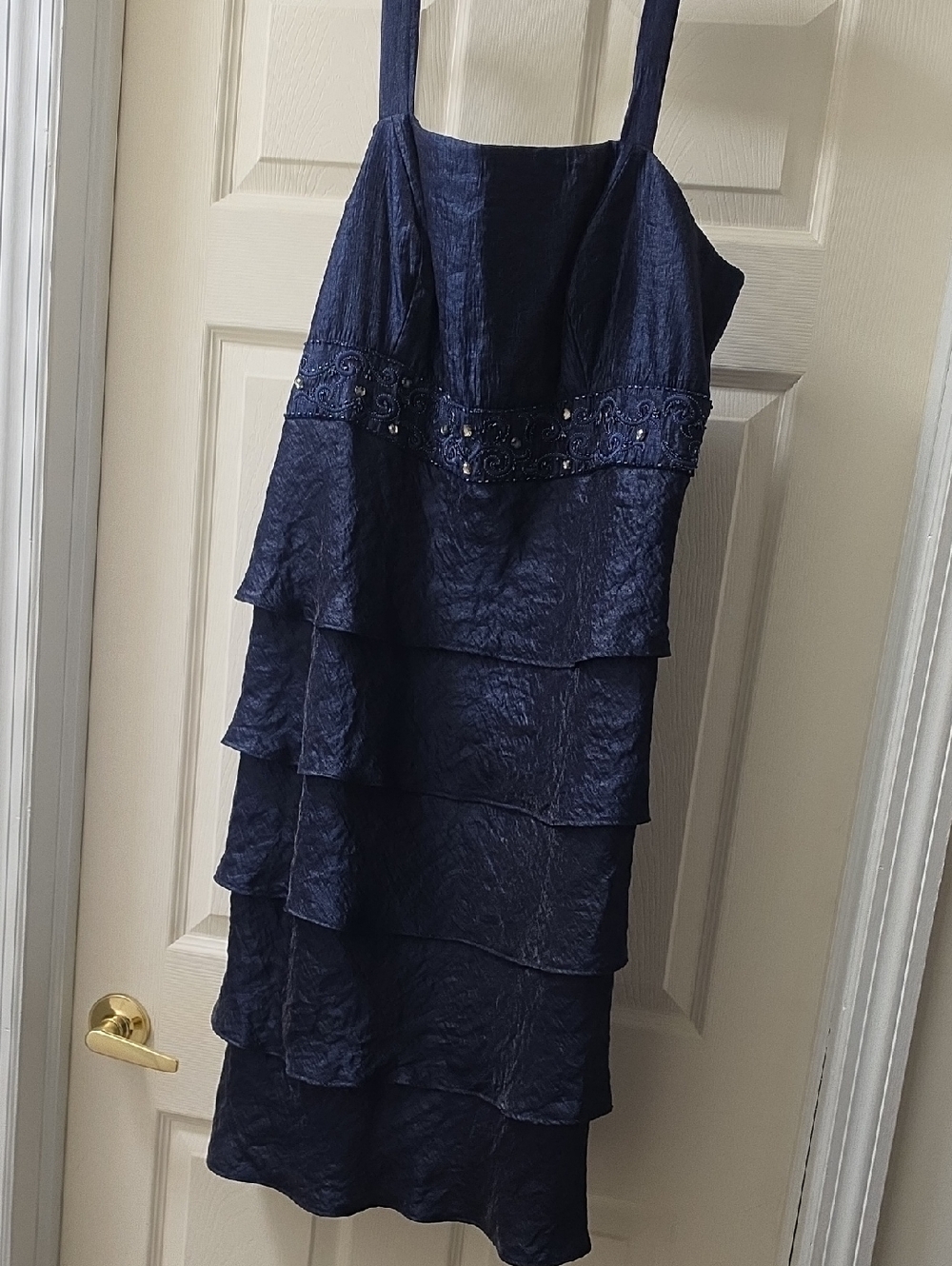 Dress Barn Navy Blue Tiered Midi Dress with Embellished Waist